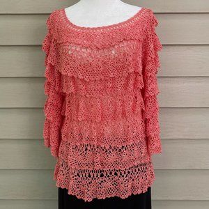 Aris A Tiered Floral Crochet Top Blouse Salmon Pink Size S/M